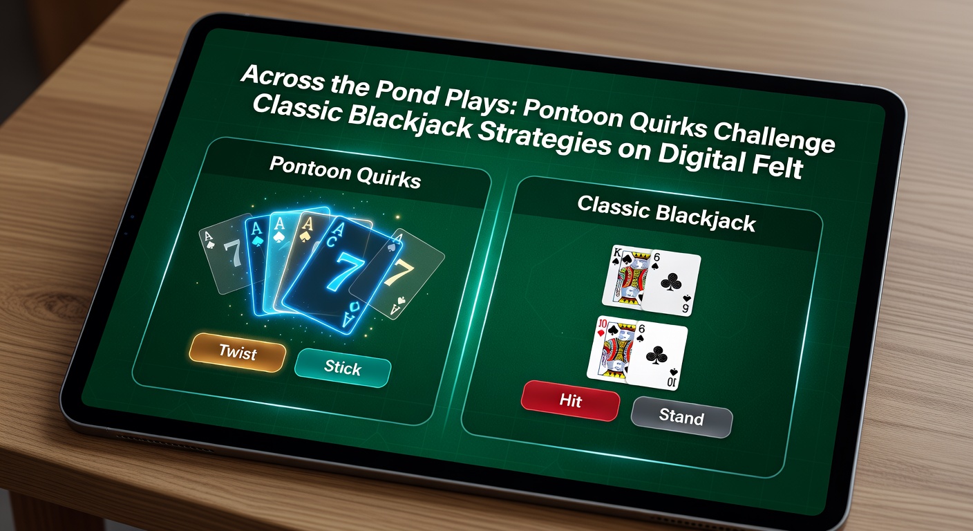 Online Pontoon-spel in actie met five-card trick en banker-optie zichtbaar op het scherm