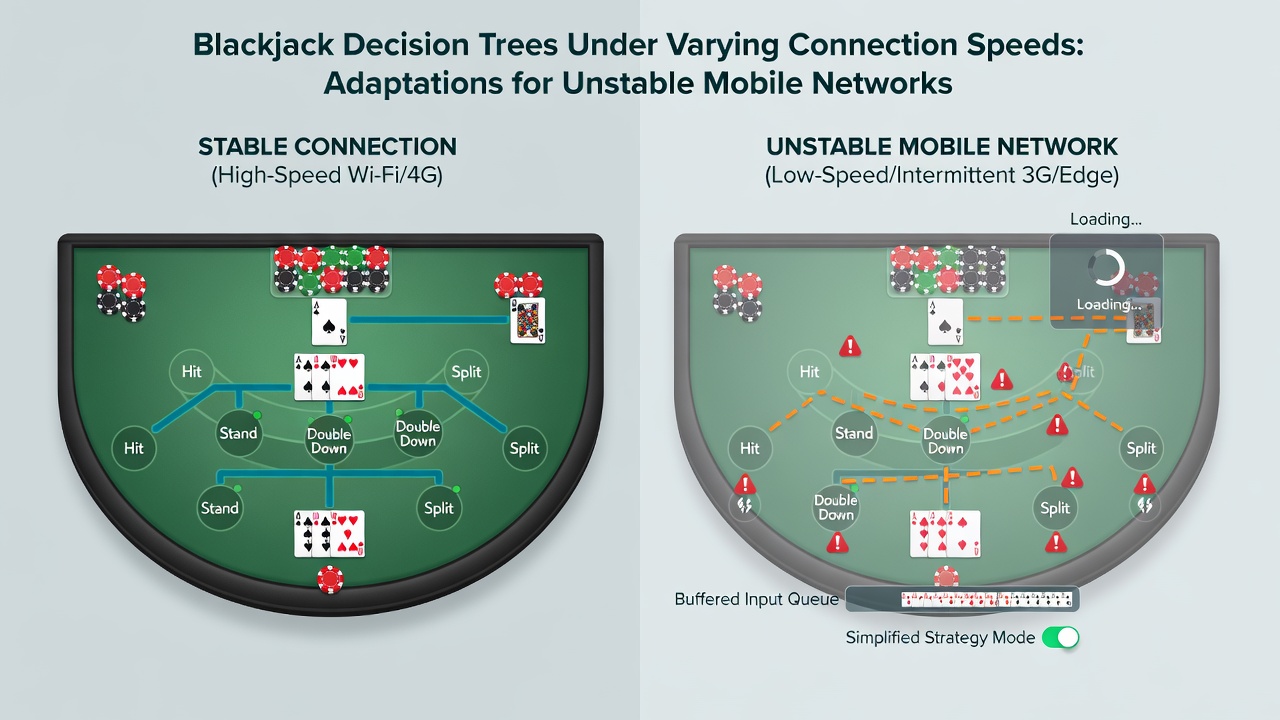 Mobile network signal strength visualization overlaid with blackjack strategy tree adaptations for unstable connections