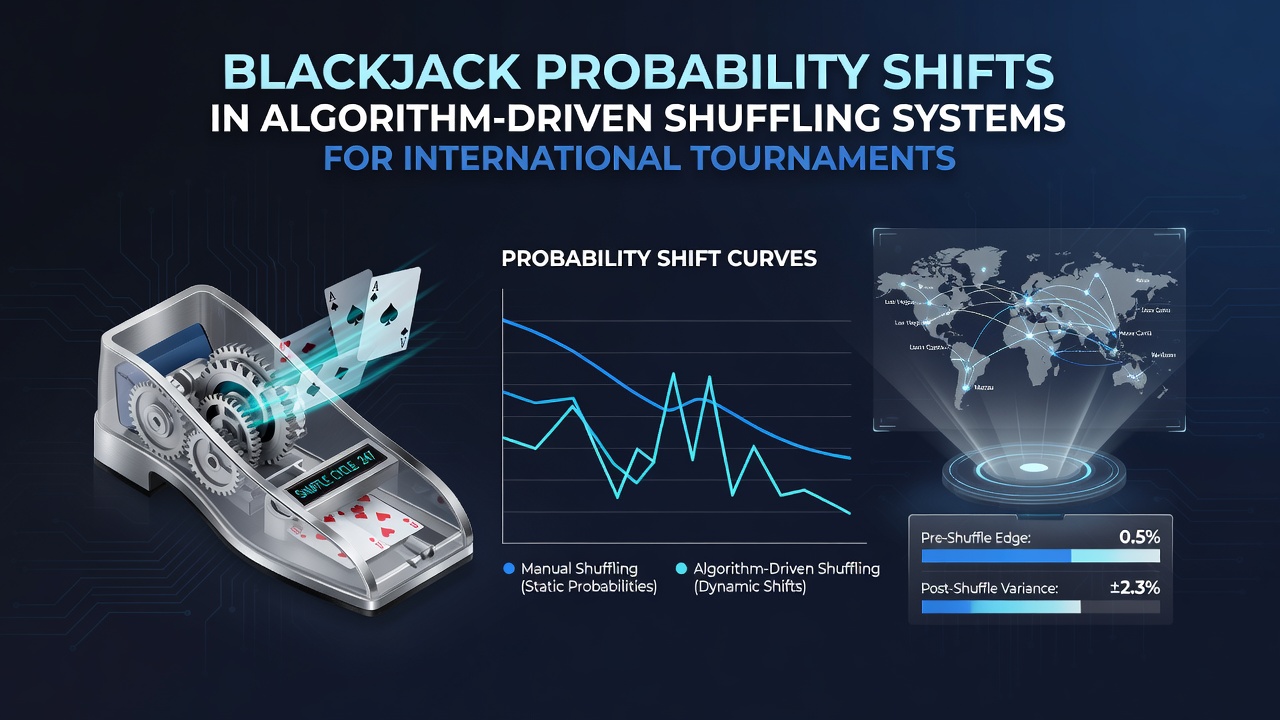 Overzicht van een blackjacktafel met algoritmisch schudmechanisme in een internationaal toernooi