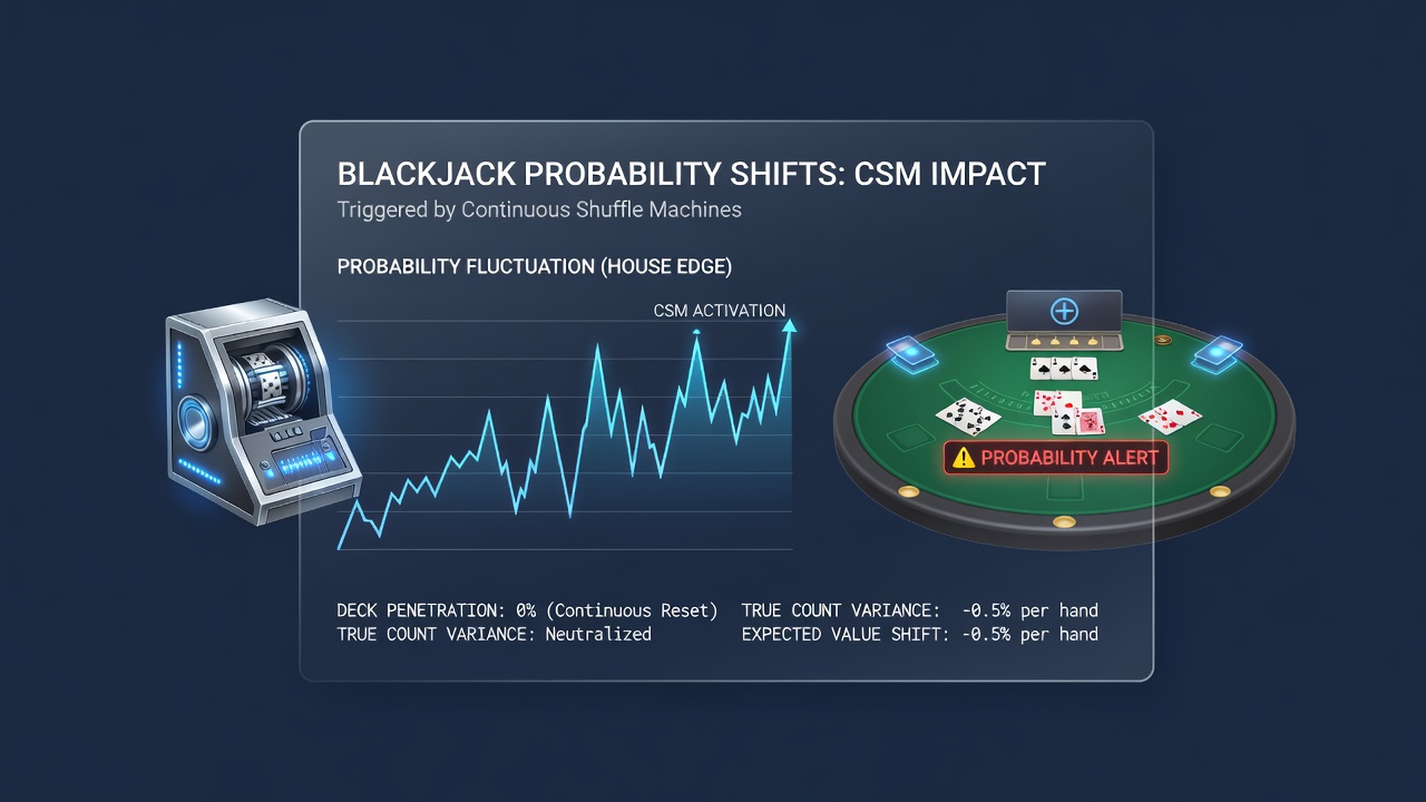 Grafieken en tabellen die kansverschuivingen illustreren bij gebruik van continue shuffle machines in online blackjack