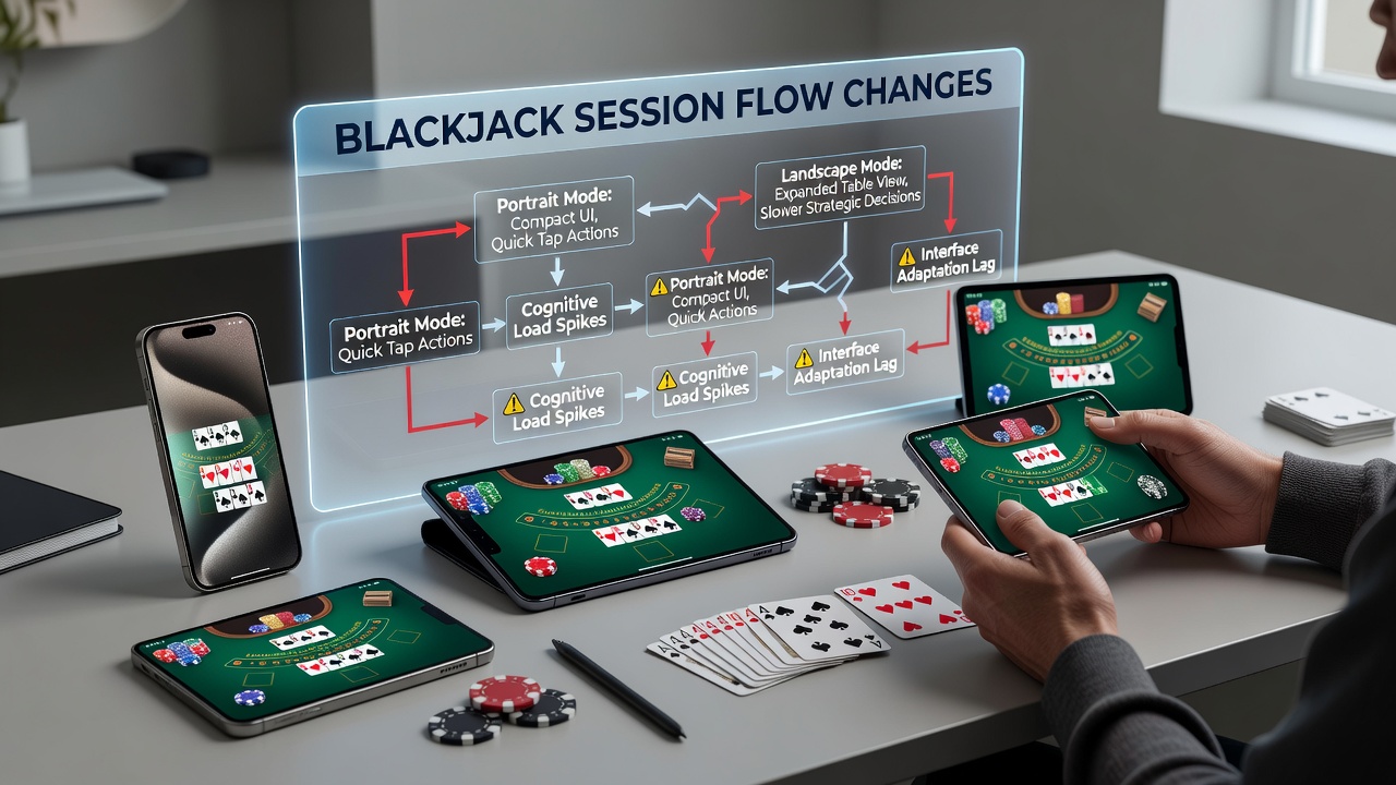Mobiele blackjack interface in zowel portret- als landschapsmodus tijdens een actieve sessie