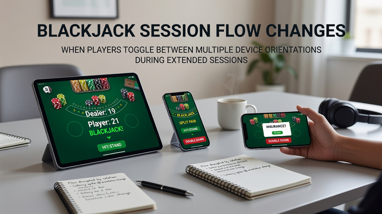 Speler die tussen portret- en landschapsmodus wisselt tijdens een blackjack sessie op tablet