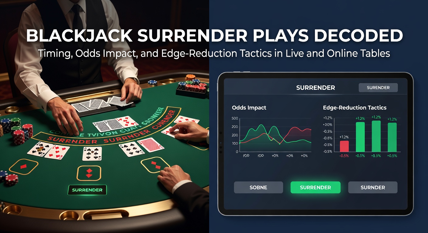 Een blackjacktafel met kaarten en fiches, waar een speler nadenkt over de surrender-optie tijdens een spannende hand