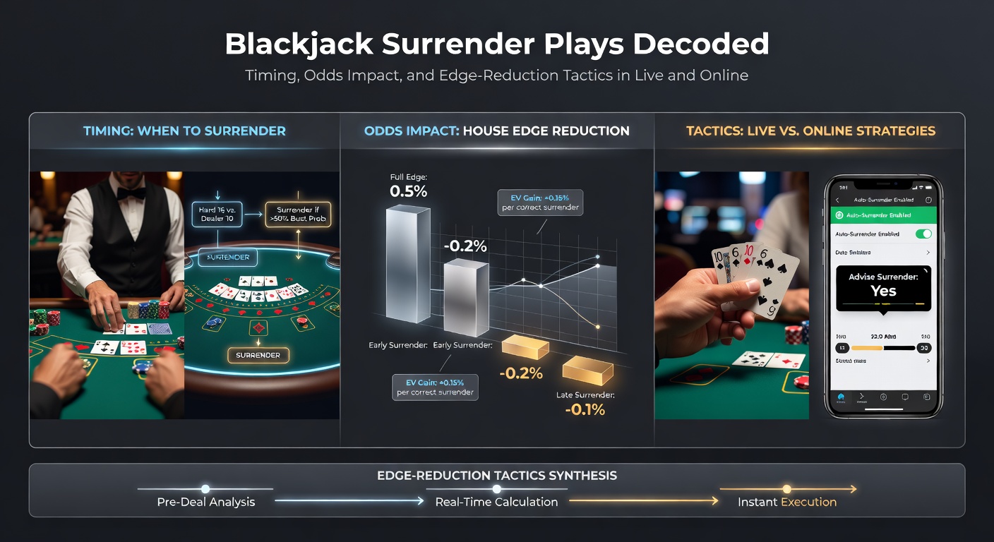 Grafiek met blackjack odds en house edge reductie door surrender plays, inclusief charts voor early en late varianten