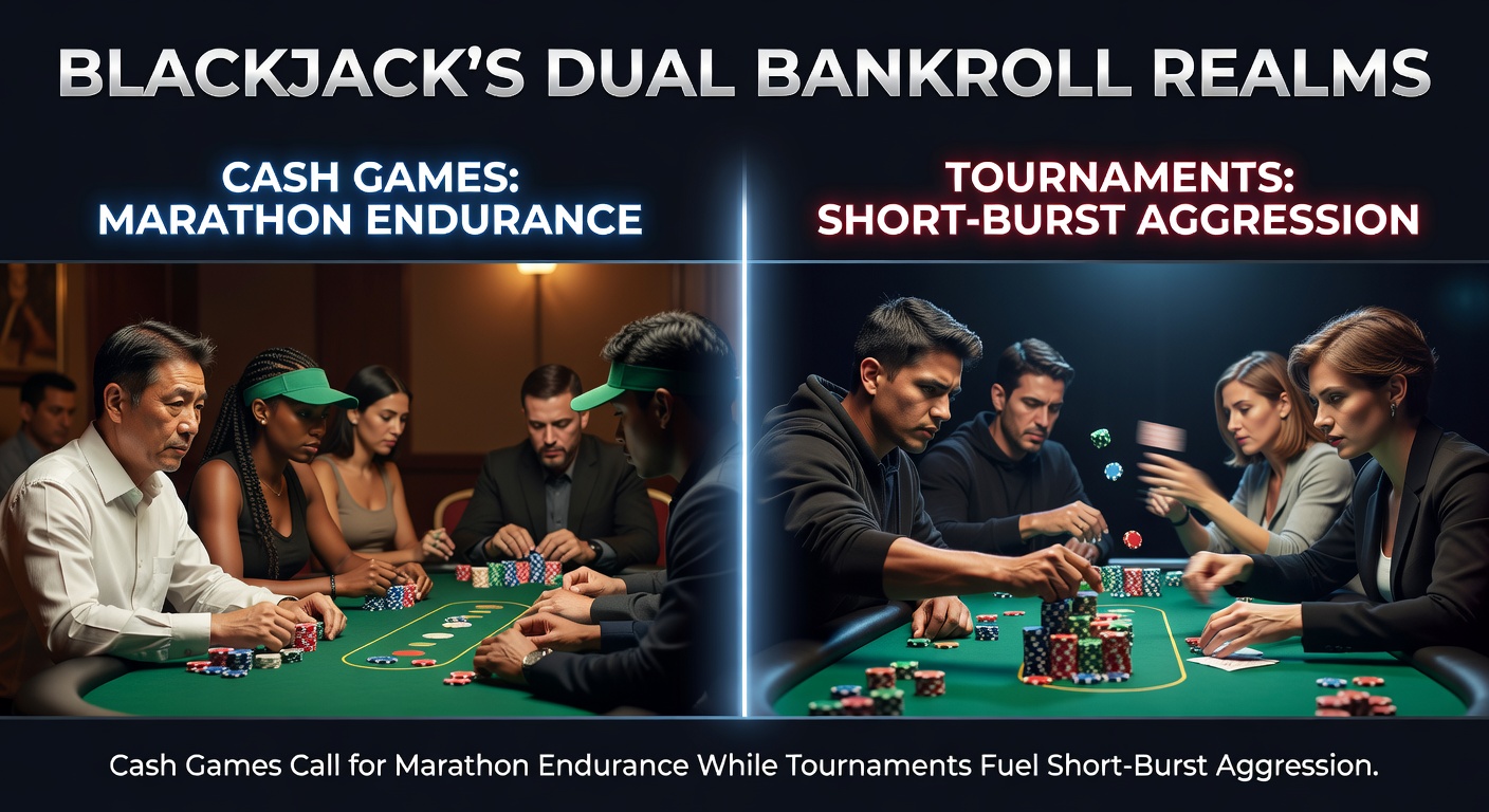 Speler beheert bankroll aan een blackjack cash game tafel met stapels chips en een focus op lange sessies