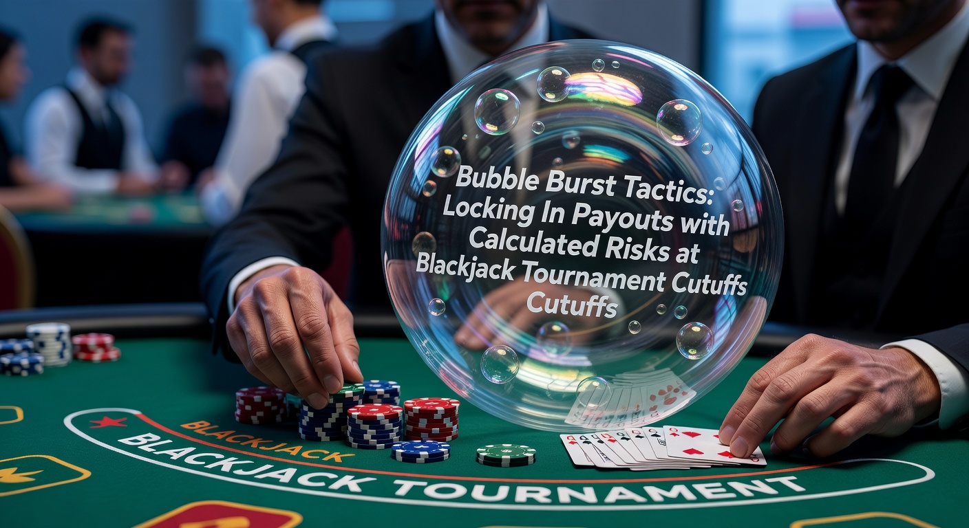 Speler analyseert chipstack tijdens cruciale bubble-fase in een live blackjack toernooi, met spanning op het scherm en kaarten op tafel
