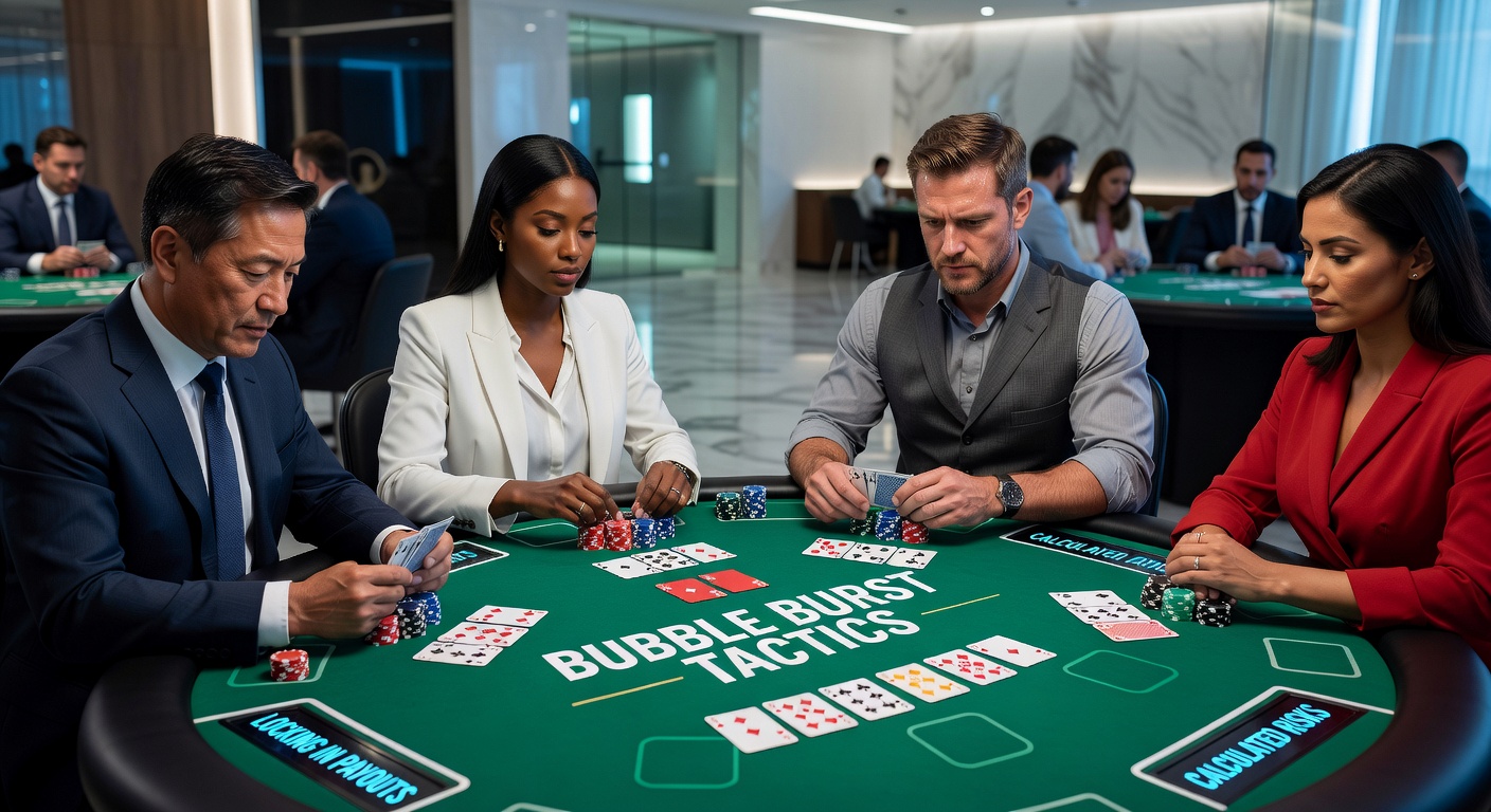 Grafiek met chip stack verdelingen tijdens bubble burst in blackjack toernooi, tonen survival rates en risicocurves voor verschillende stackgroottes
