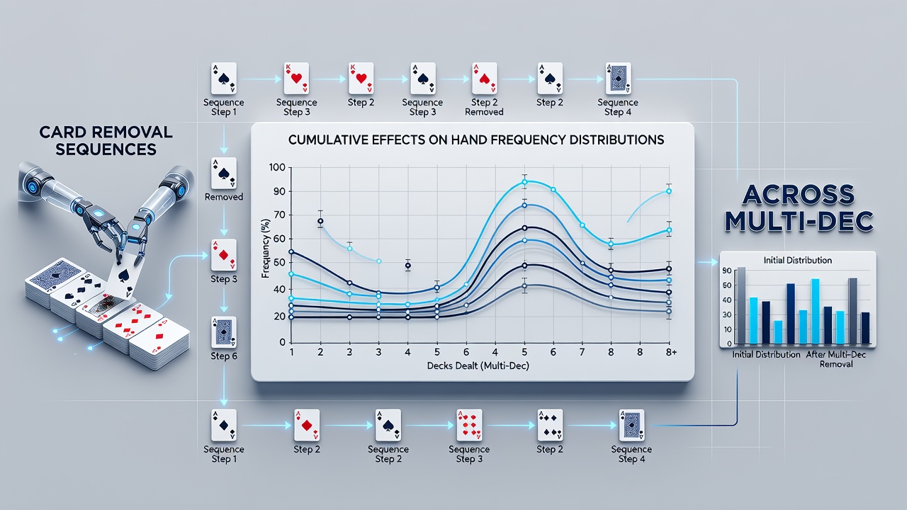 Grafiek die cumulatieve veranderingen in handfrequenties toont over meerdere handen in online multi-deck blackjack