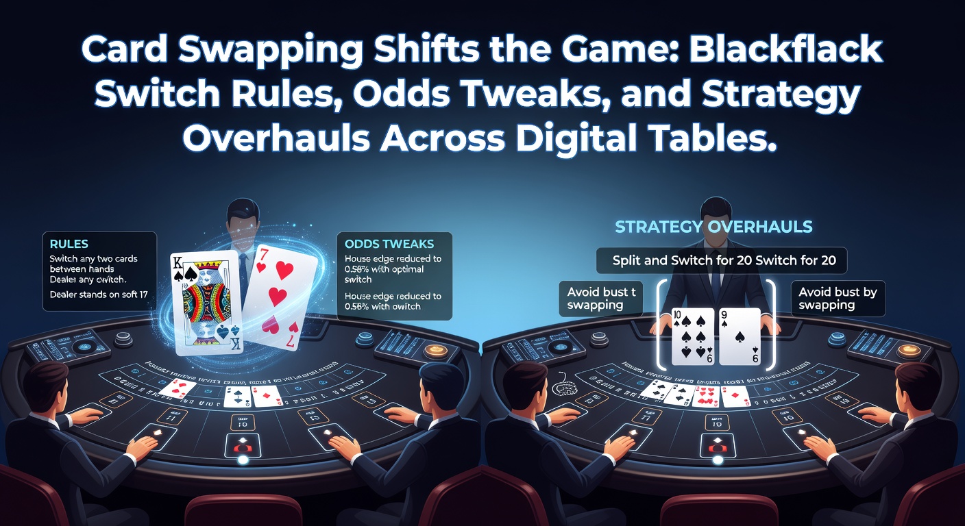 Een digitale Blackjack Switch-tafel met spelers die kaarten wisselen tussen handen, typisch voor online casino-platforms