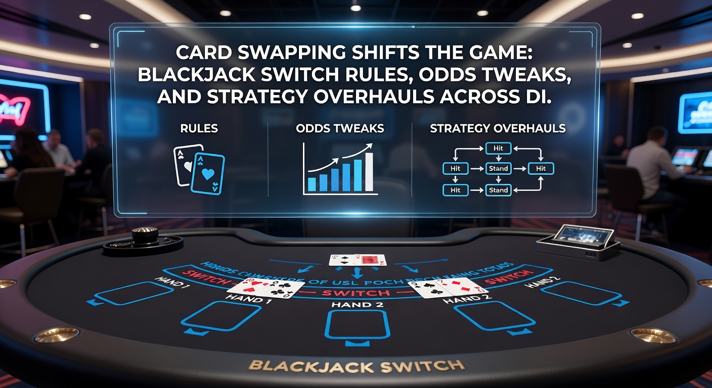Strategiekaart voor Blackjack Switch met aangegeven switch-zones en hit/stand-regels voor diverse handcombinaties op een digitaal scherm