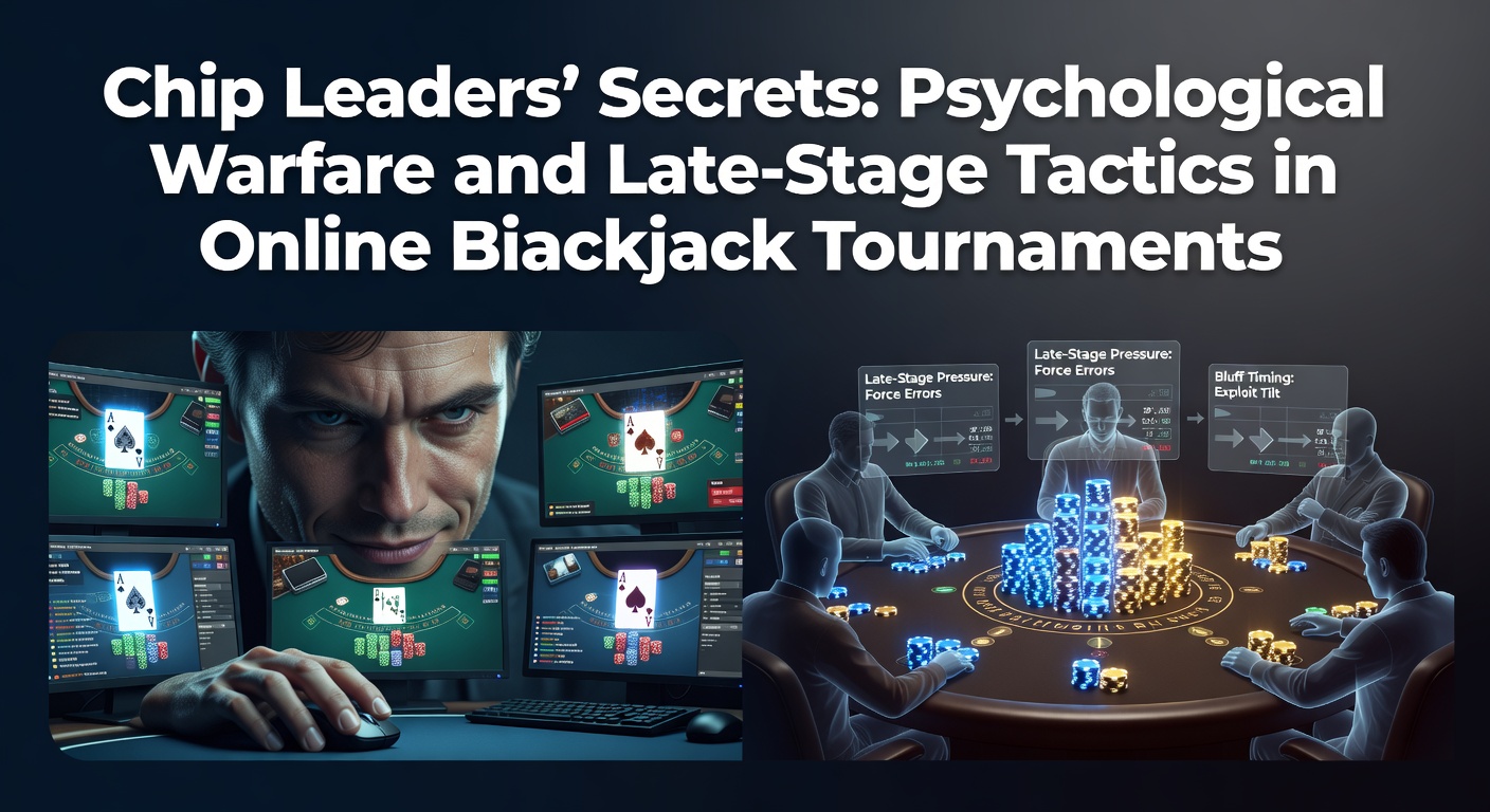 Een chip leader die dominant aan de virtuele blackjacktafel zit tijdens een online toernooi, met een stapel fiches voor zich en gespannen tegenstanders op de achtergrond