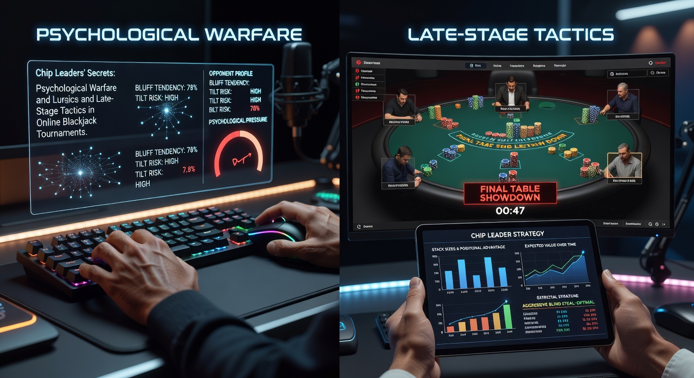Een close-up van een spannende late-stage confrontatie in een online blackjack toernooi, met een chip leader die een grote all-in inzet plaatst terwijl de dealer de kaarten deelt