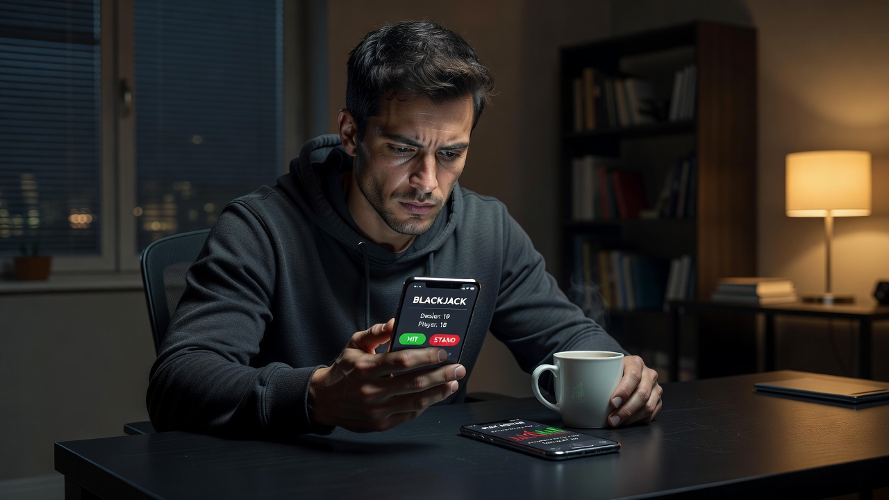 Mobiele blackjack speler op een late avond met zichtbaar vermoeidheid en focus op het scherm