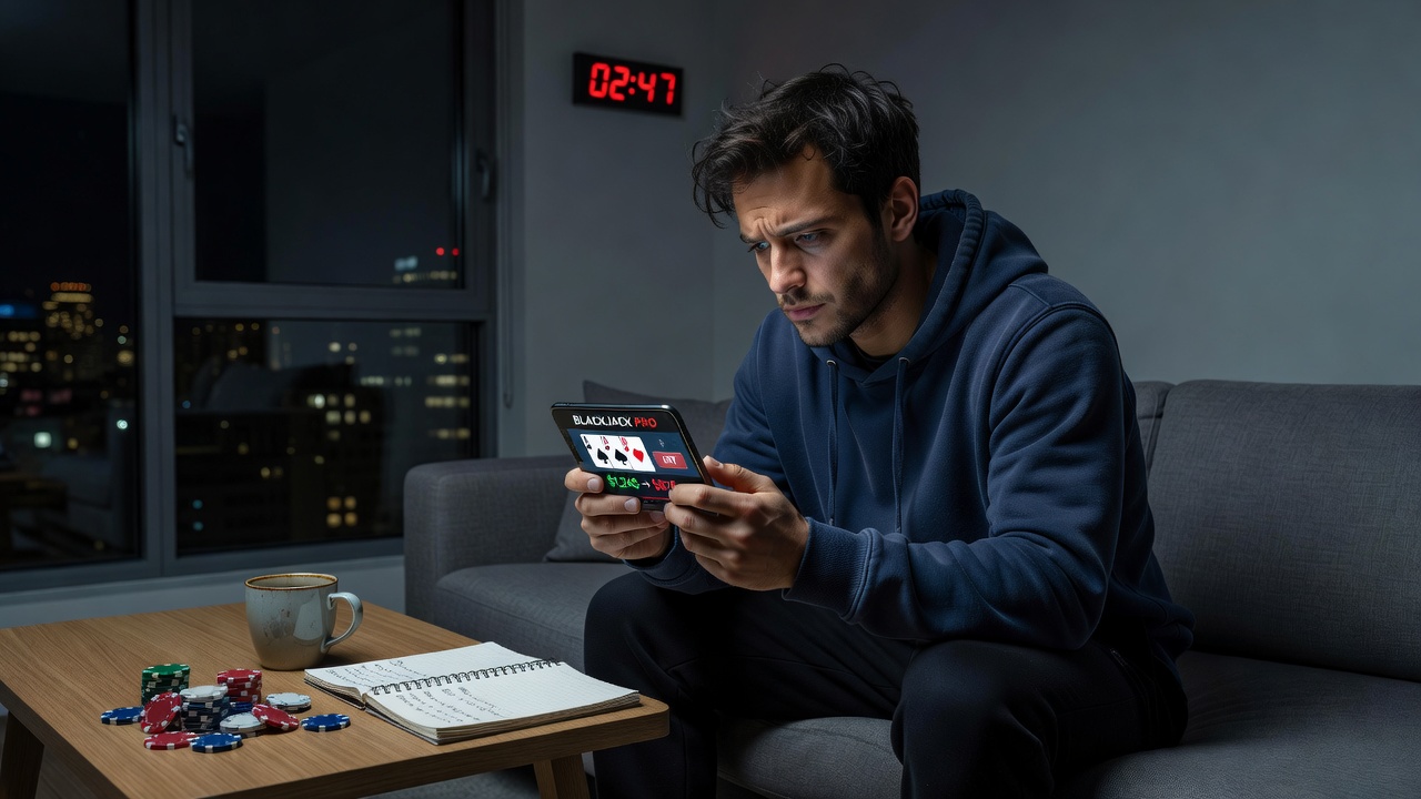 Overzicht van mobiele blackjack interface met statistieken over inzetpatronen en tijdstippen