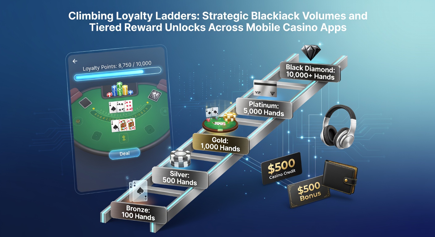 Speler klimt een loyaalheidsladder op een mobiel casino-scherm, met blackjack-tabel en beloningsniveaus zichtbaar