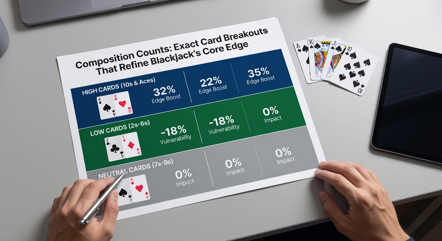 Voorbeeld van een composition matrix in blackjack, met breakdowns van spelerhanden zoals 16 uit 10-6 versus dealer upcards en aanbevolen plays