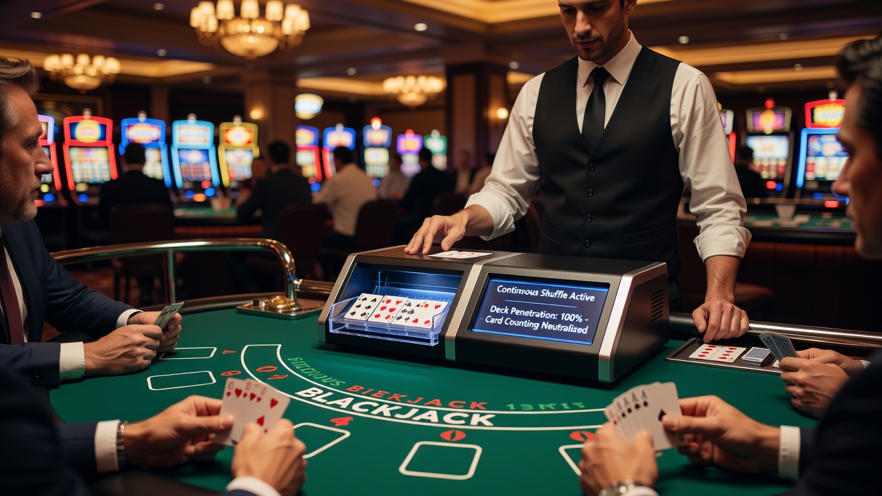Continue shuffle machine in een casino blackjack tafel met kaarten die automatisch worden gemengd