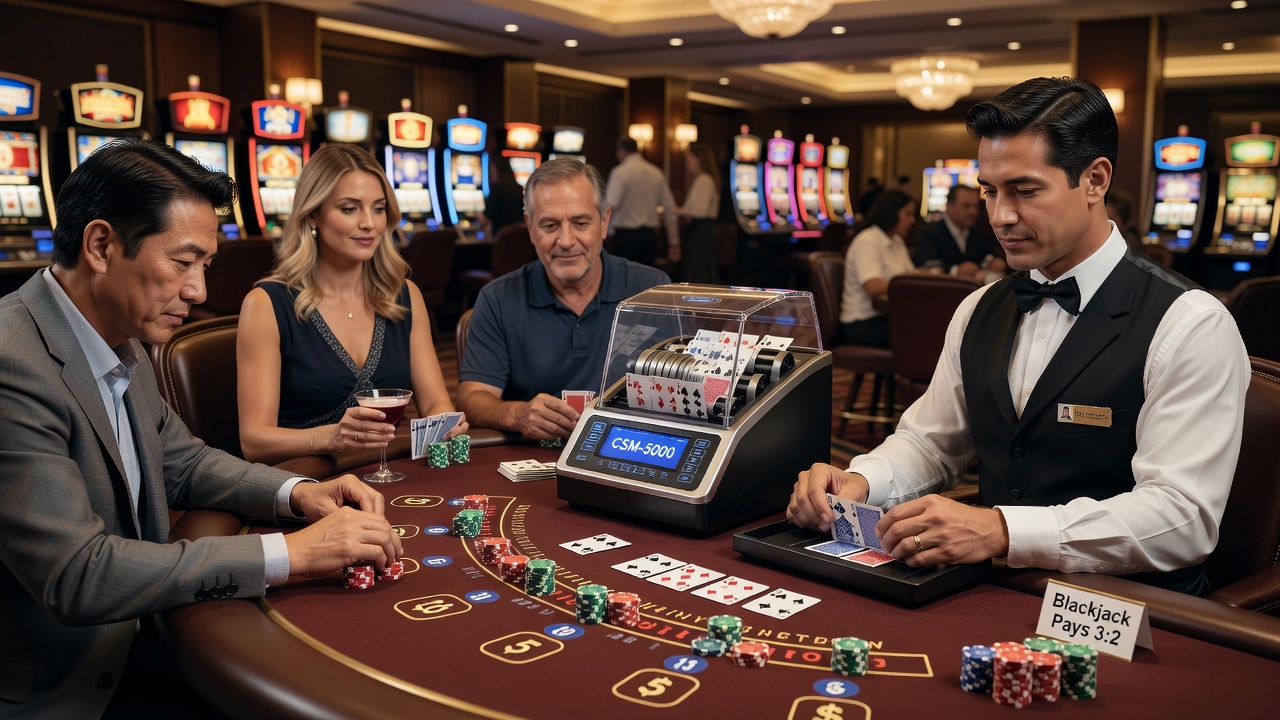 Detailopname van een continue shuffle machine met kaarten in beweging tijdens een live blackjack sessie