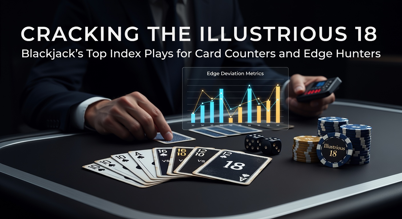 Een blackjacktafel met kaarten en fiches, waar een speler nadenkt over een indexbeslissing tijdens het tellen