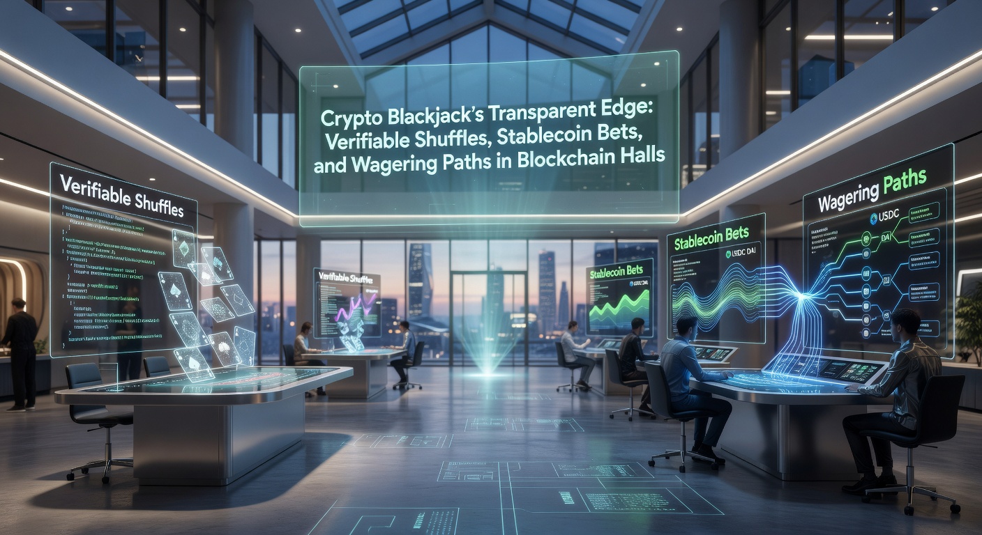 Een digitale blackjacktafel op de blockchain met verifieerbare kaarten en stablecoin chips die rollen over een transparant ledger-scherm