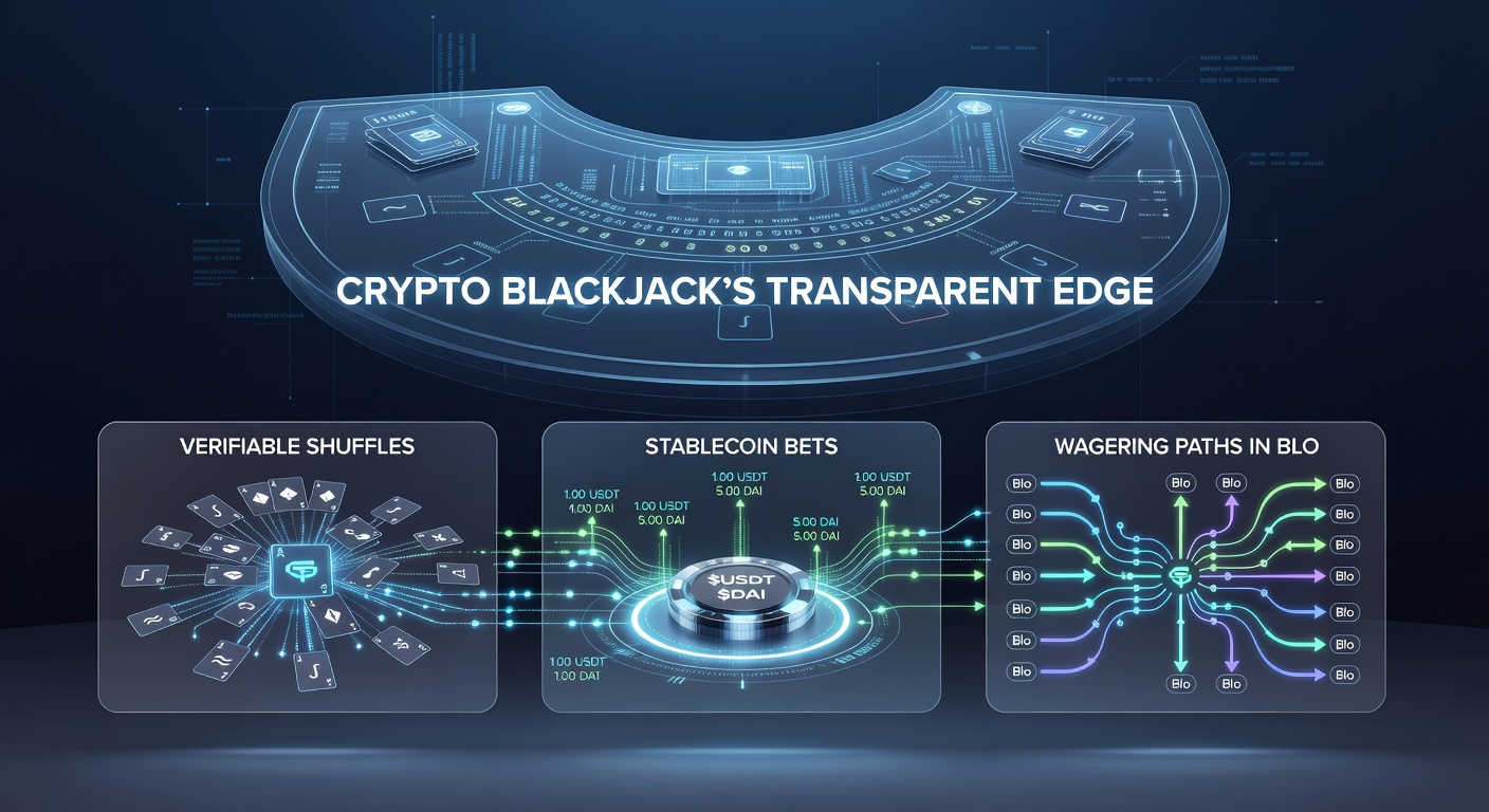 Stablecoin chips zoals USDT en USDC op een blockchain blackjacktafel, met verifieerbare shuffle-hashes zichtbaar op een nabijgelegen ledger-interface