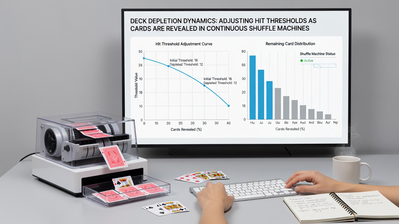 Grafiek die kaartenuitputting en trekdrempels illustreert in continue blackjackmachines