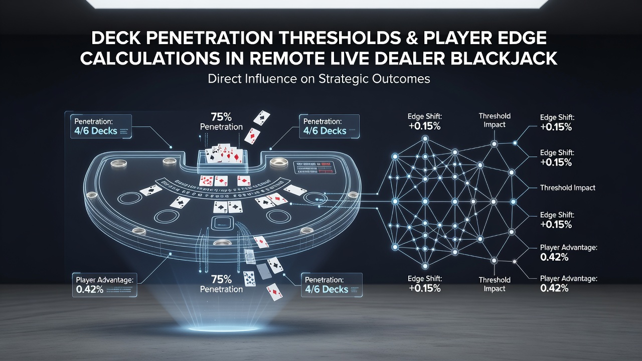 Diagram dat deckpenetratiedrempels en randberekeningen in live dealer blackjack illustreert