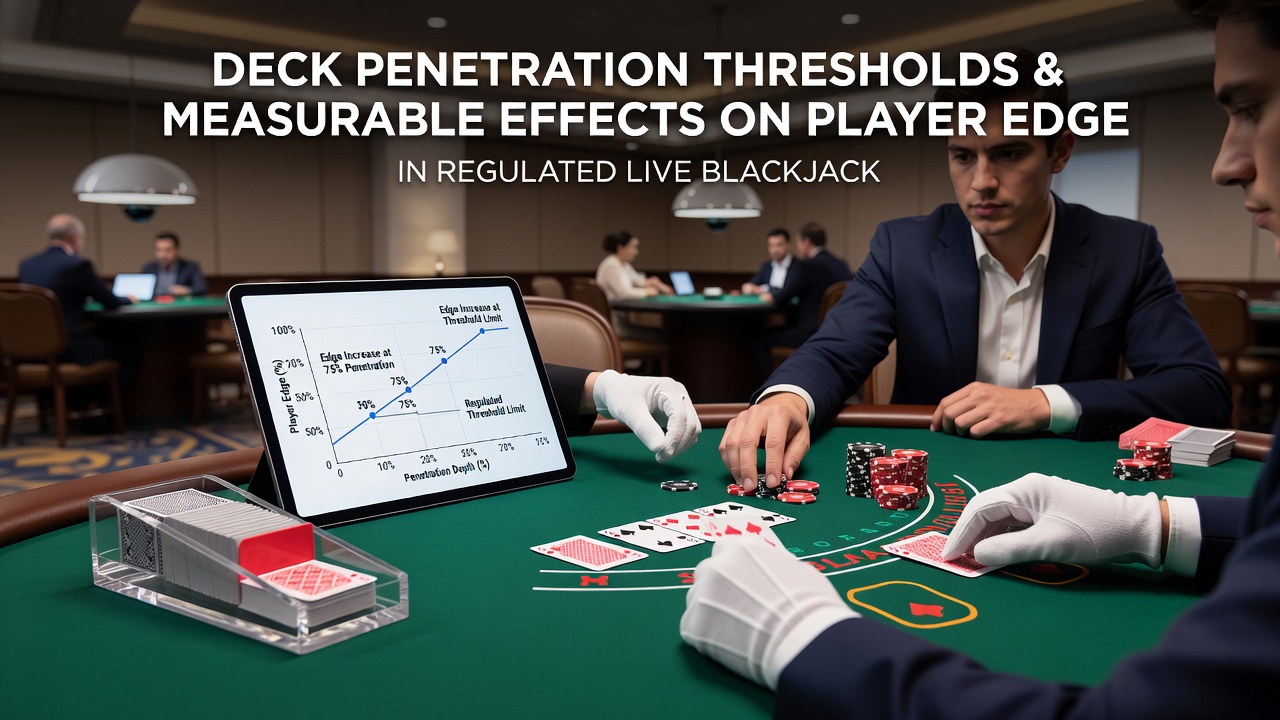 Illustratie van live blackjack tafel met deck penetration indicatoren en statistische overlays