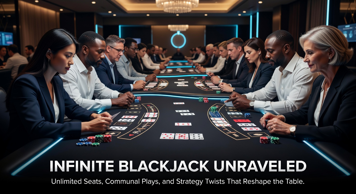 Een bruisende Infinite Blackjack-tafel met tientallen spelers die tegelijk inzetten op gedeelde kaarten, terwijl de dealer efficiënt handen uitdeelt