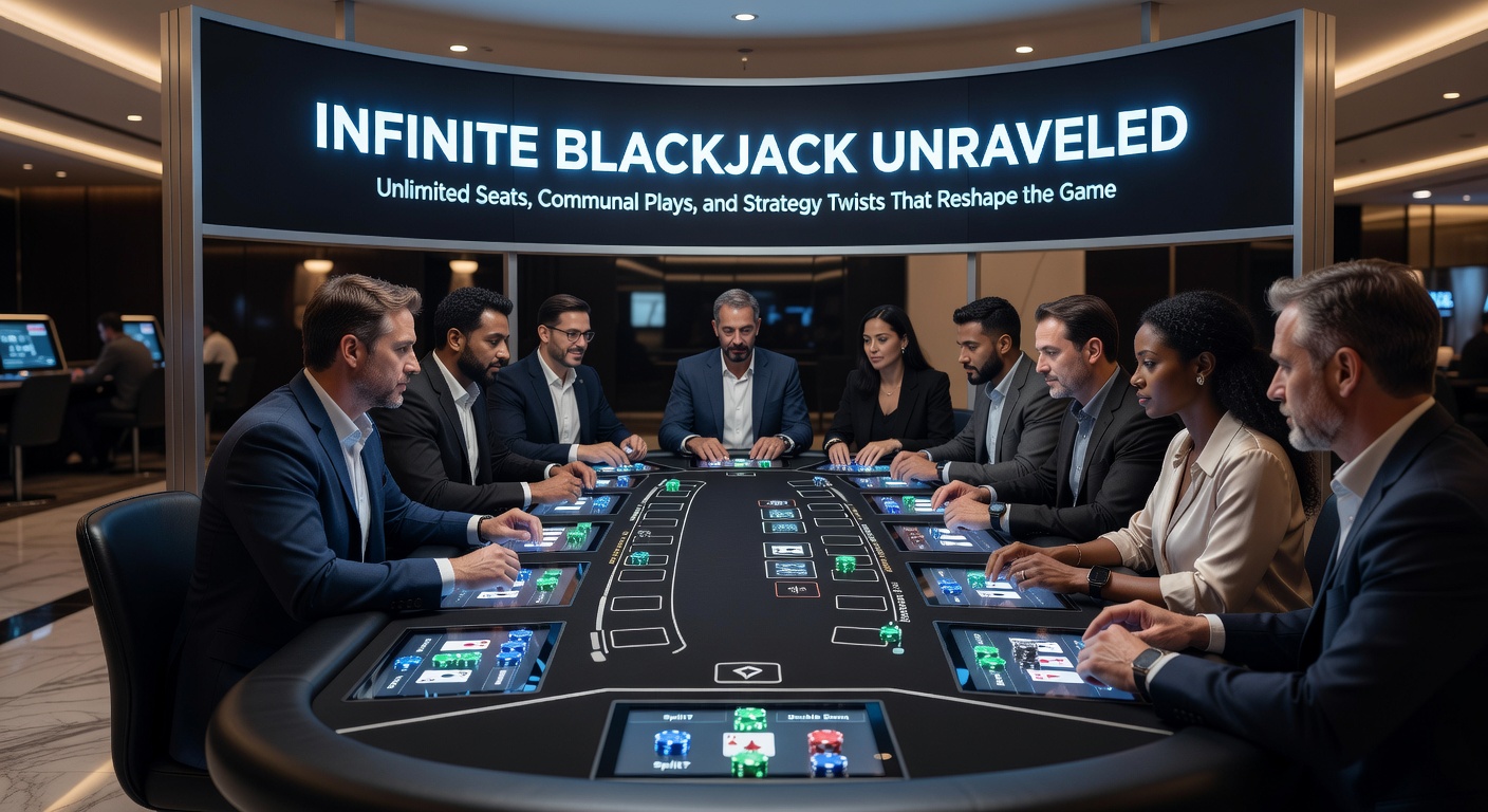 Close-up van een Infinite Blackjack-interface met meerdere spelersvensters, gedeelde side bets en een dealer die kaarten omdraait tijdens een spannende ronde
