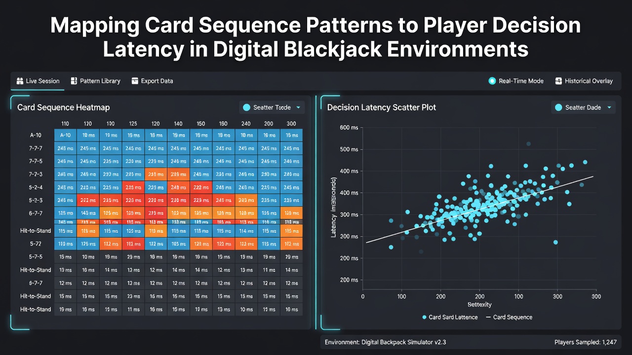 Grafiek die kaartsequenties koppelt aan variaties in beslissingslatentie bij digitale blackjack