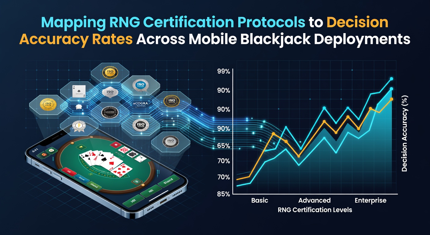 Diagram dat RNG-certificeringsprotocollen verbindt met beslissingsnauwkeurigheidscijfers in mobiele blackjack-apps