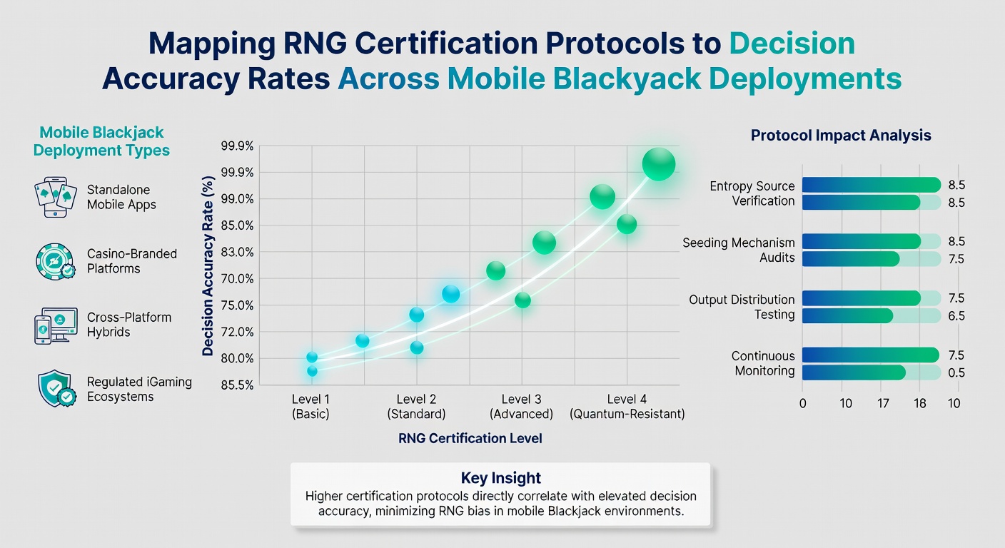 Grafiek met mappingresultaten van RNG-protocollen naar beslissingsnauwkeurigheid over diverse mobiele blackjackdeployments