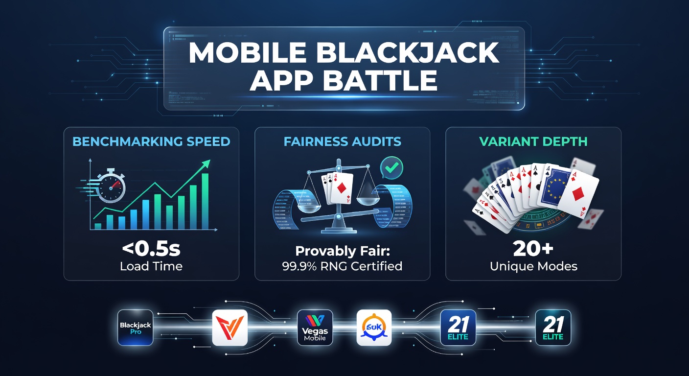 Schermafbeeldingen van verschillende mobiele blackjack apps in actie, met focus op laadsnelheden en spelinterfaces