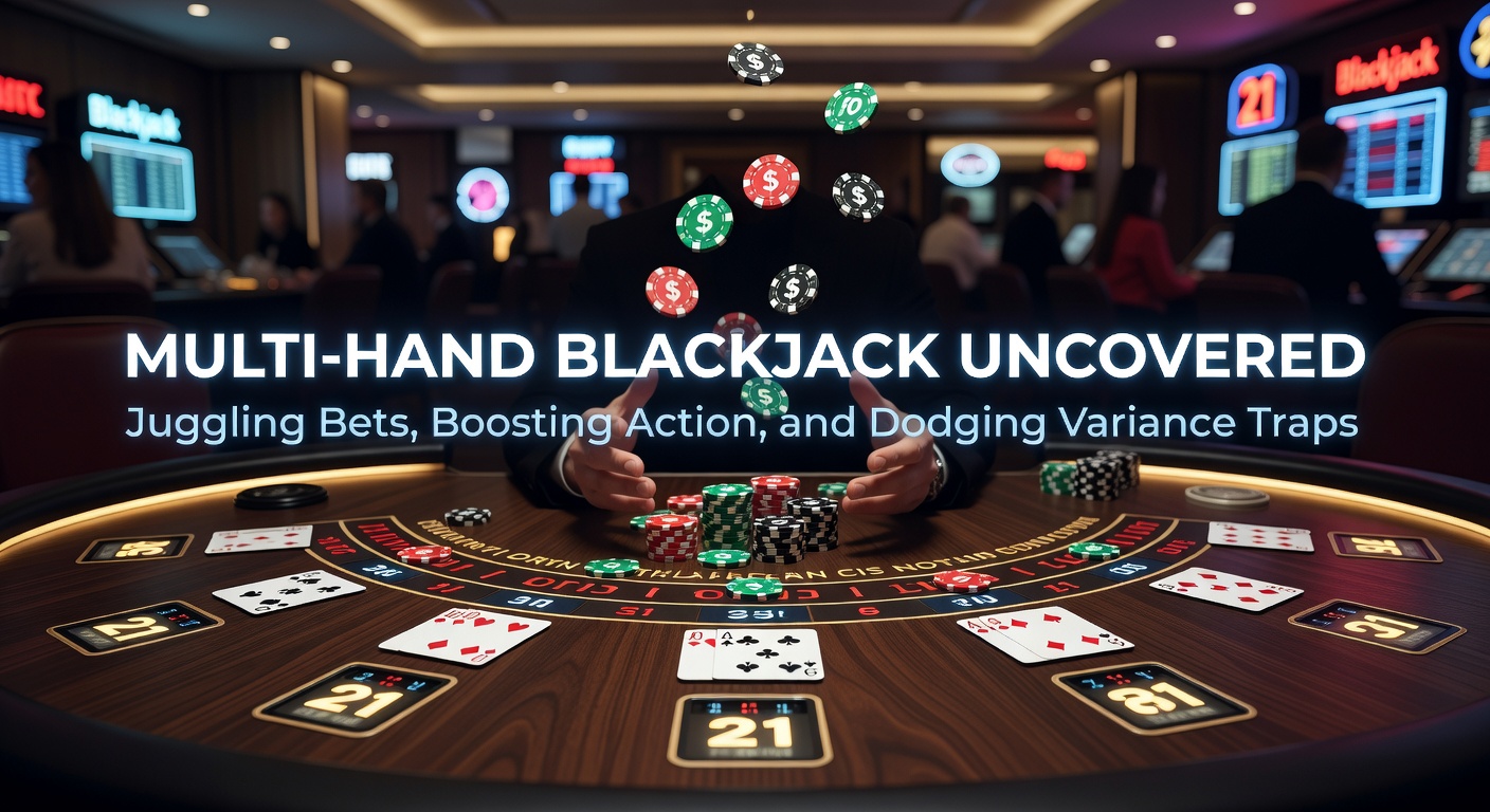 Een dynamische weergave van meerdere blackjackhanden op een speeltafel, met fiches en kaarten in beweging, die de intensiteit van multi-hand spel illustreert