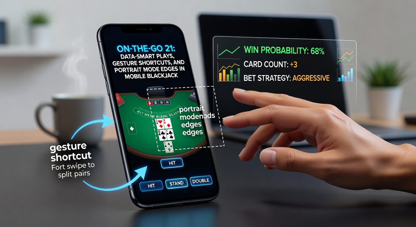 Speler houdt smartphone vast tijdens mobiel blackjack spel, met portrait modus zichtbaar en gebaar-iconen op scherm