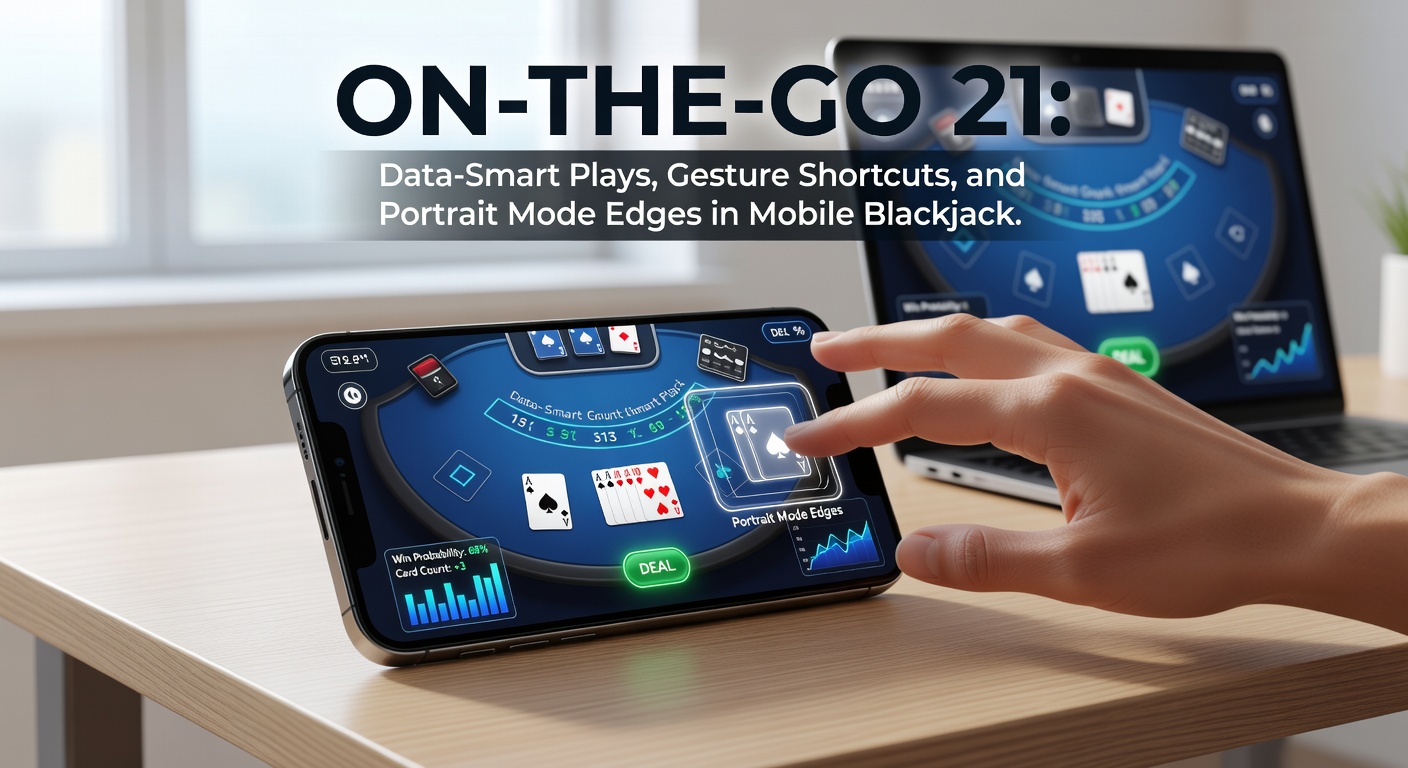 Close-up van smartphone-scherm met blackjack-tafel in portrait modus, gehighlight met swipe-gebaren en data-overlay