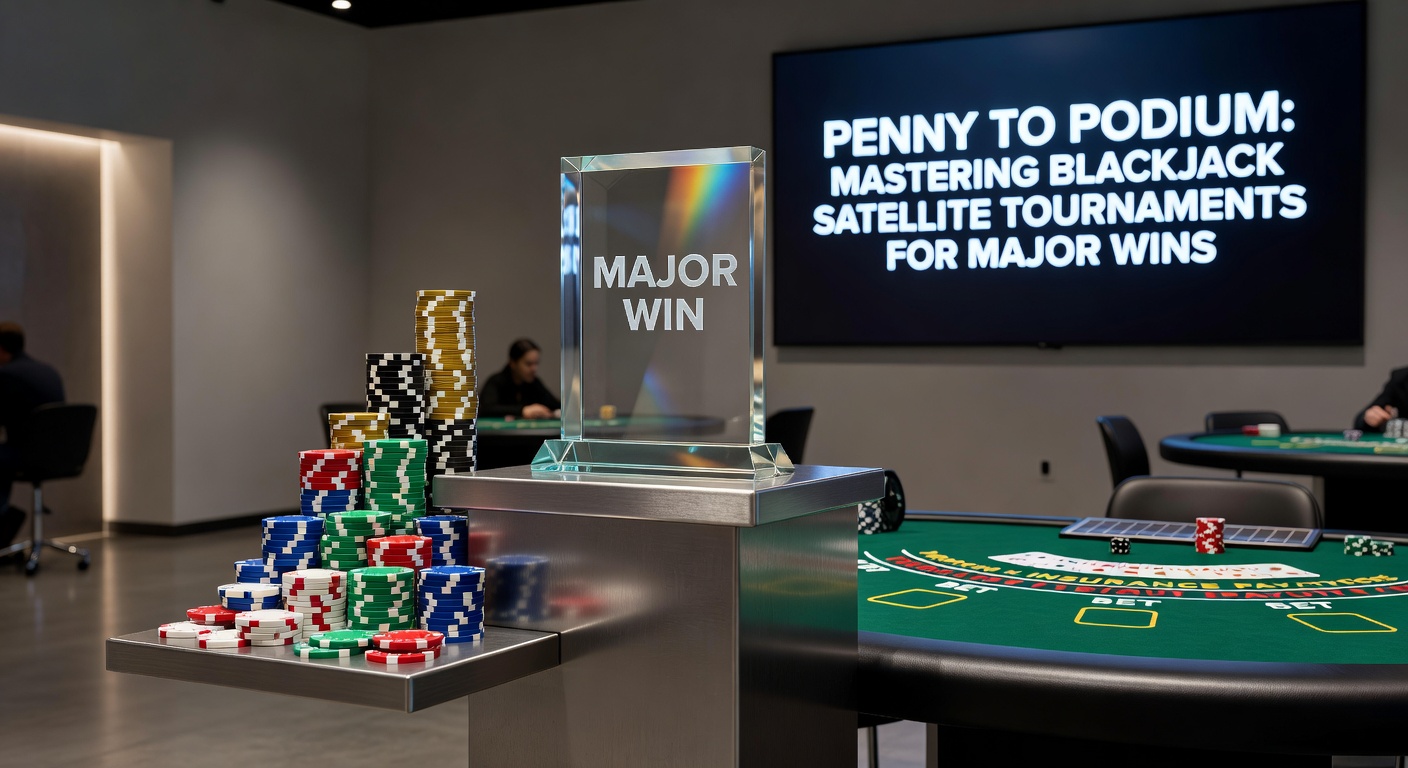 Een winnaar die een trofee optilt na een succesvol satellettoernooi, omringd door juichende medespelers en stapels chips