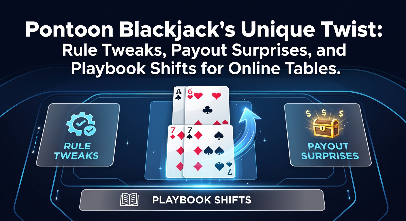 Een levendige online Pontoon Blackjack-tafel met kaarten en fiches, waar spelers twist en stick beslissingen nemen