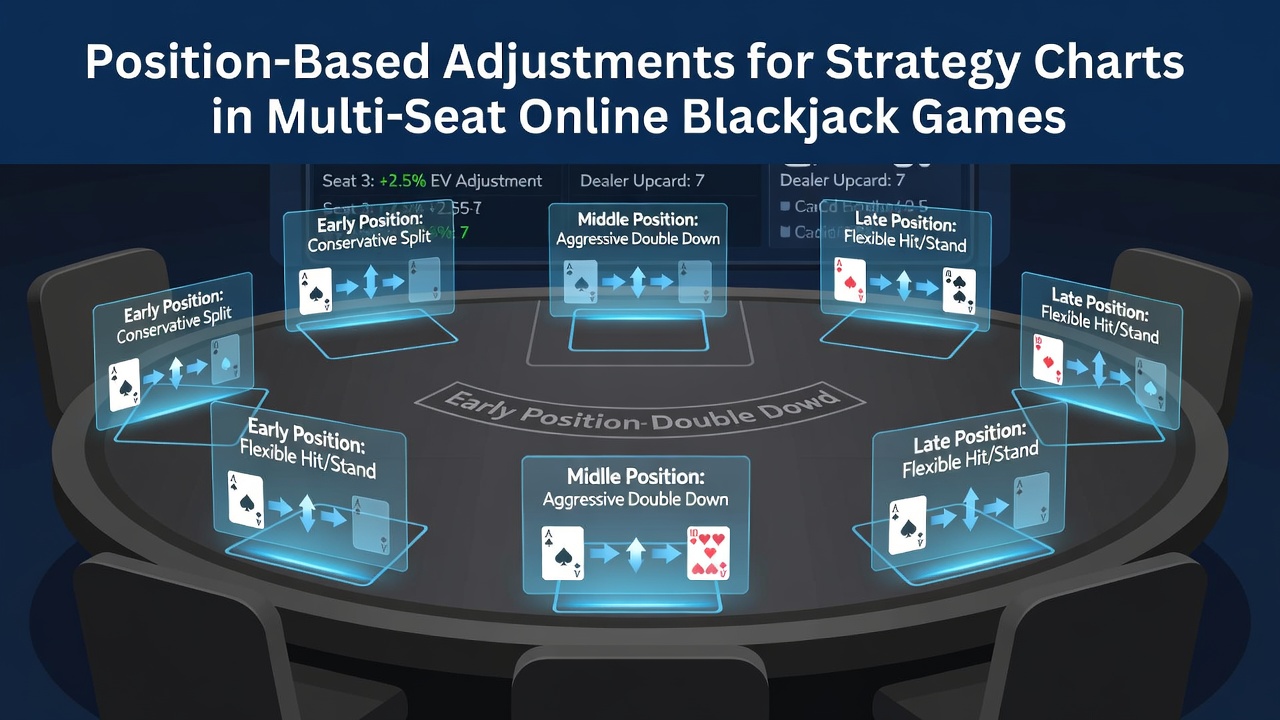 Diagram van multi-seat blackjacktafel met aangegeven posities en strategieaanpassingen