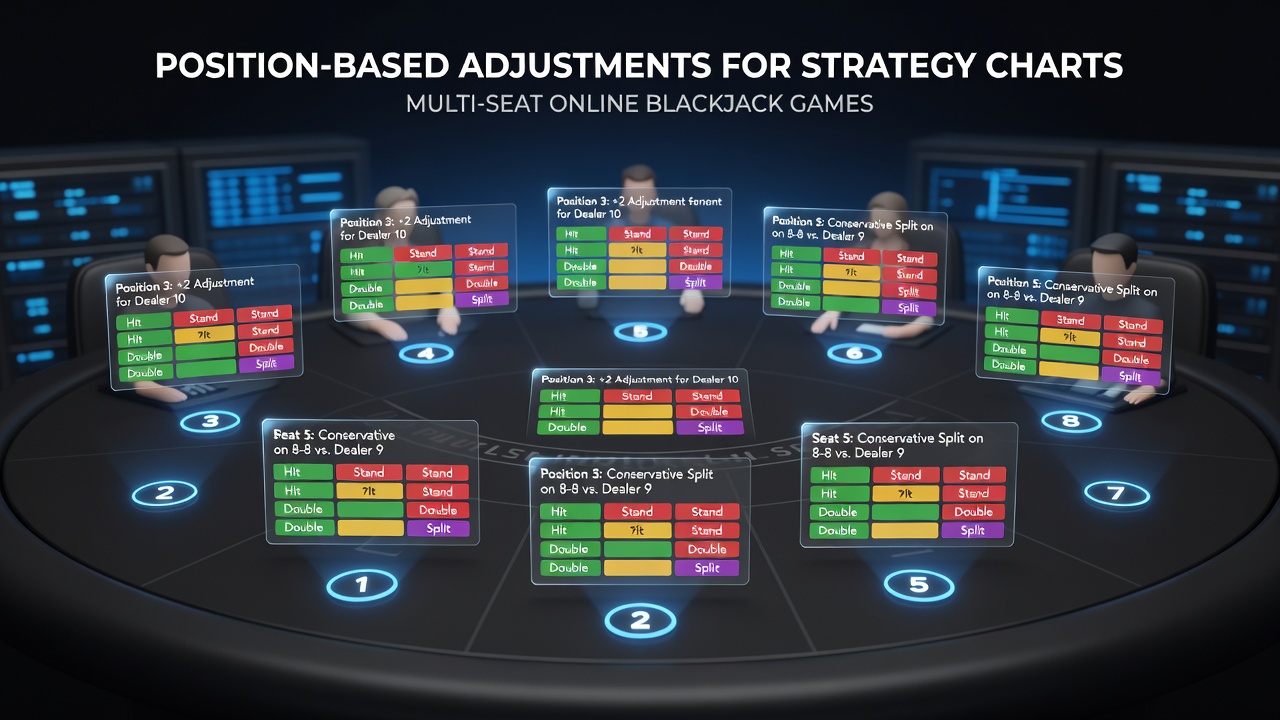 Schermafbeelding van online multi-seat blackjack interface met strategie-overlay per positie