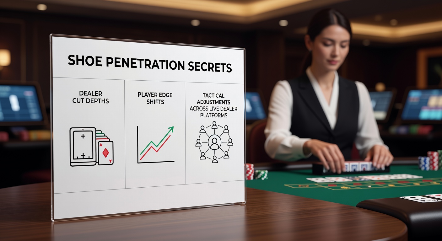 Grafiek die schoenpenetratiepercentages toont op verschillende live dealer blackjack tafels, met lijnen voor dealer cuts en speler edges