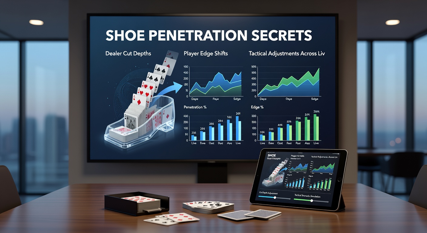 Live dealer bij een blackjacktafel met een acht-dek schoen, cut-card zichtbaar nabij het einde van de deal, omringd door digitale interface elementen