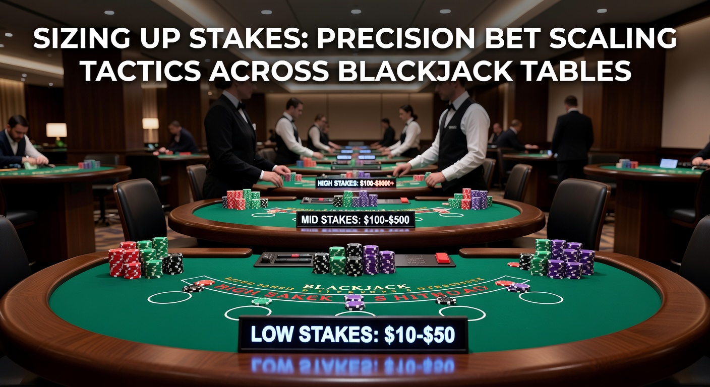 Blackjacktafel met chips in oplopende stapels, illustrerend schaalbare inzetten tijdens een live sessie