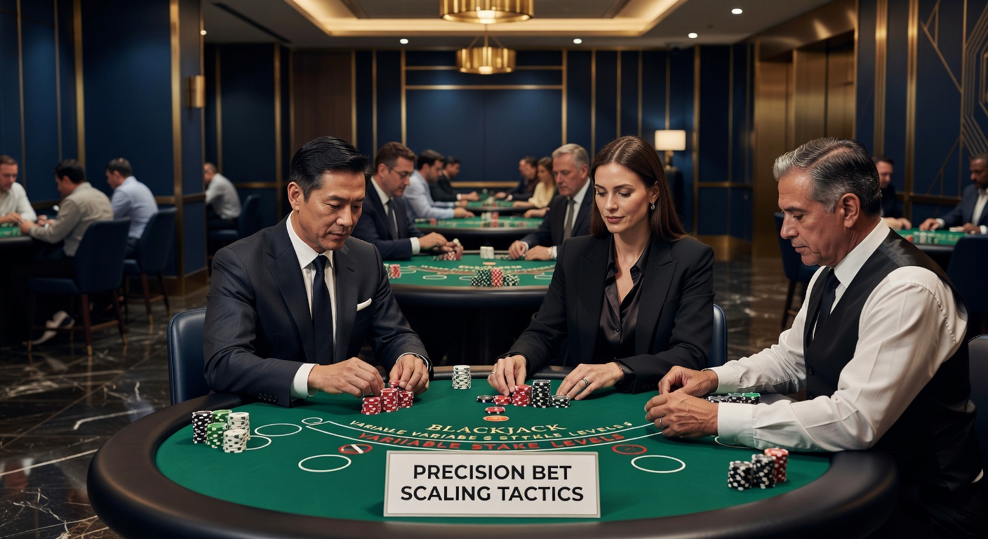 Grafiek met inzetcurves over blackjackhanden, toonend schaling van low naar high stakes met Kelly-lijn