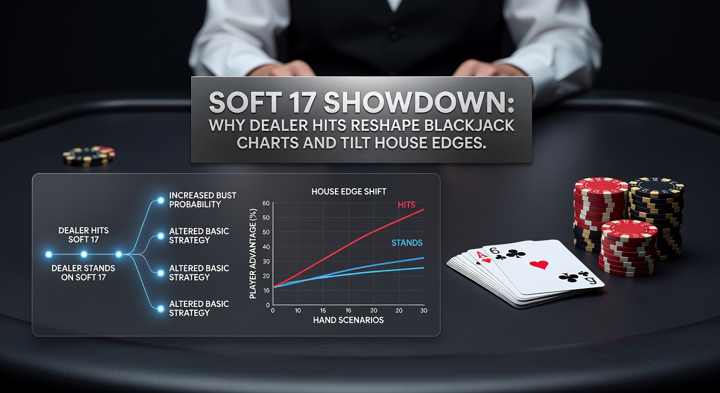 Blackjacktafel met dealerhand soft 17, kaarten en chips in actie, illustrerend de cruciale beslissing of de dealer trekt of staat