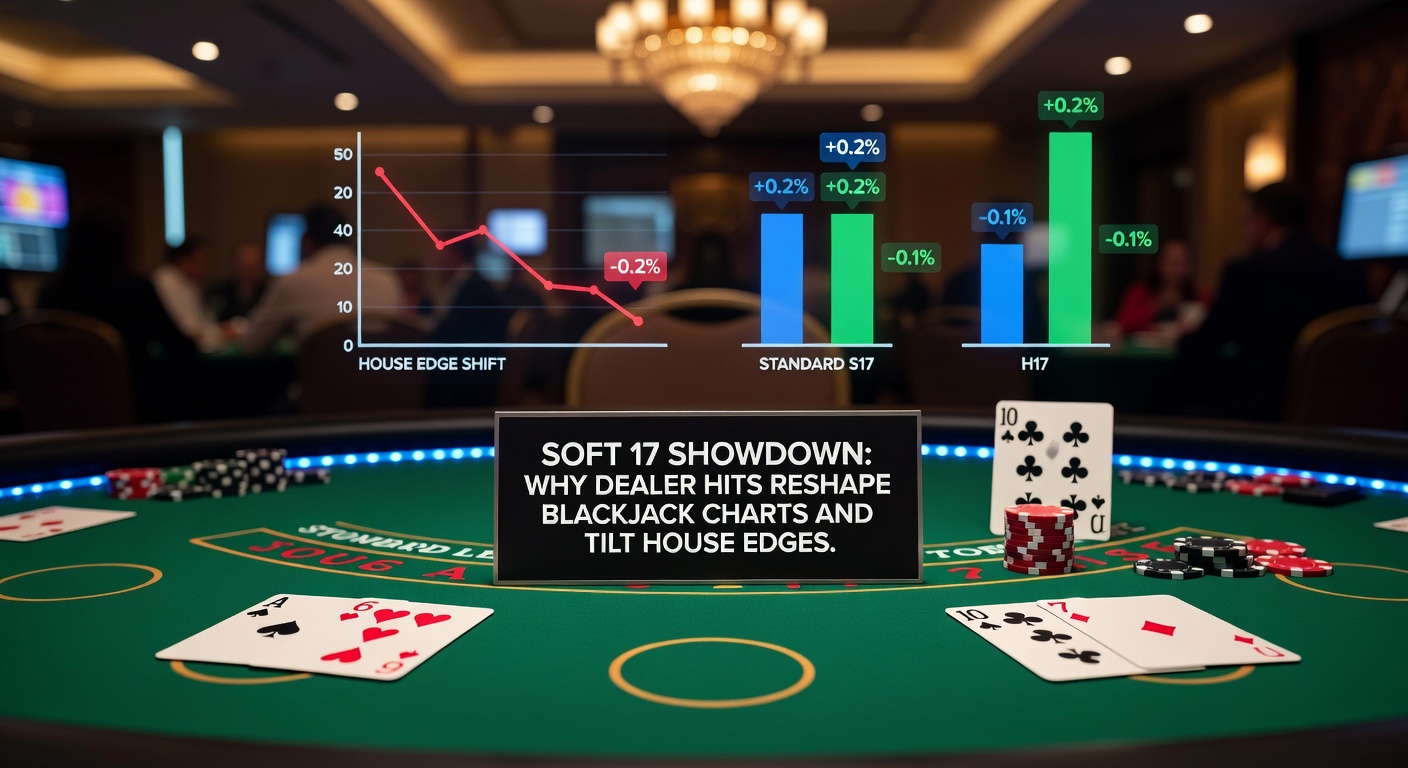 Vergelijkende blackjack strategy charts voor soft 17 stand versus hit, met gemarkeerde verschillen in plays voor diverse player hands