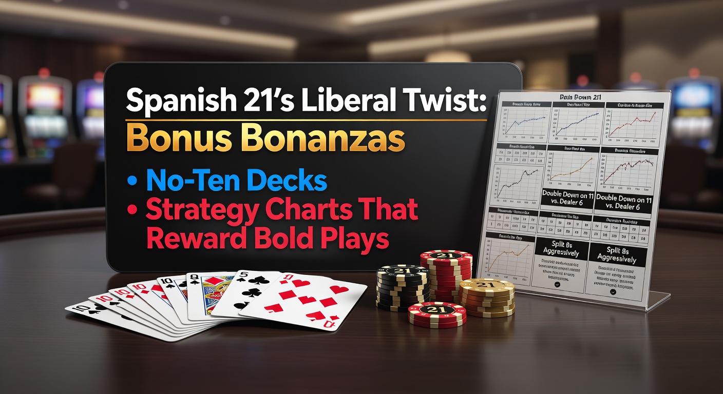 Een levendige Spanish 21-tafel met spelers die bonussen vieren en decks zonder tienen in actie