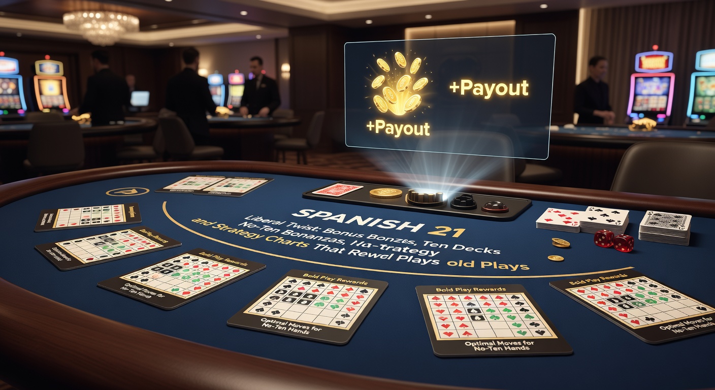 Strategiekaarten en bonuskaarten uitgespreid op een Spanish 21-tafel, illustrerend liberale regels en hoge uitbetalingen