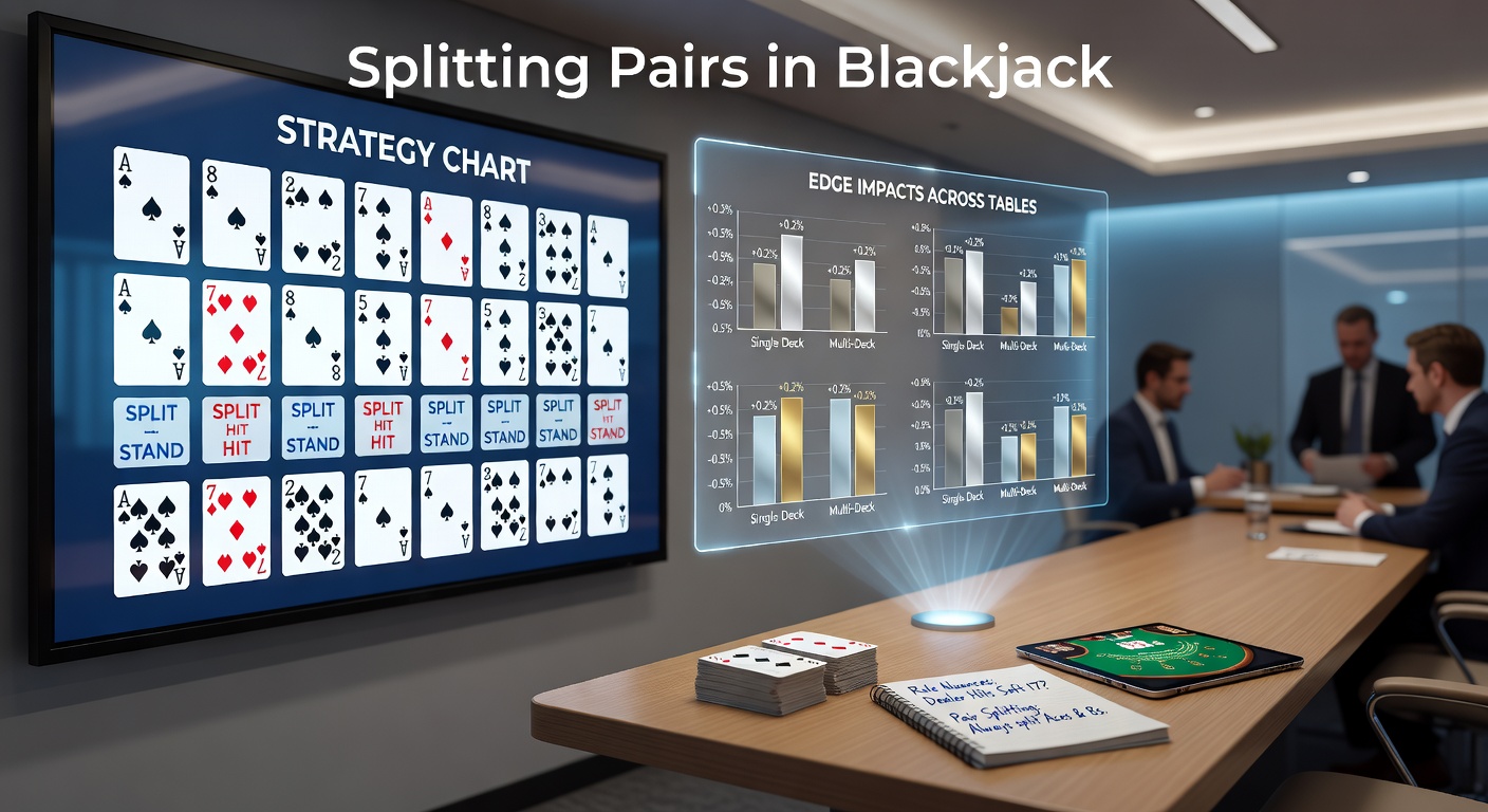 Een blackjacktafel met gefocuste spelers die een paar achten overwegen te splitten tegen een dealer-kaart, illustrerend de cruciale beslismomenten in het spel